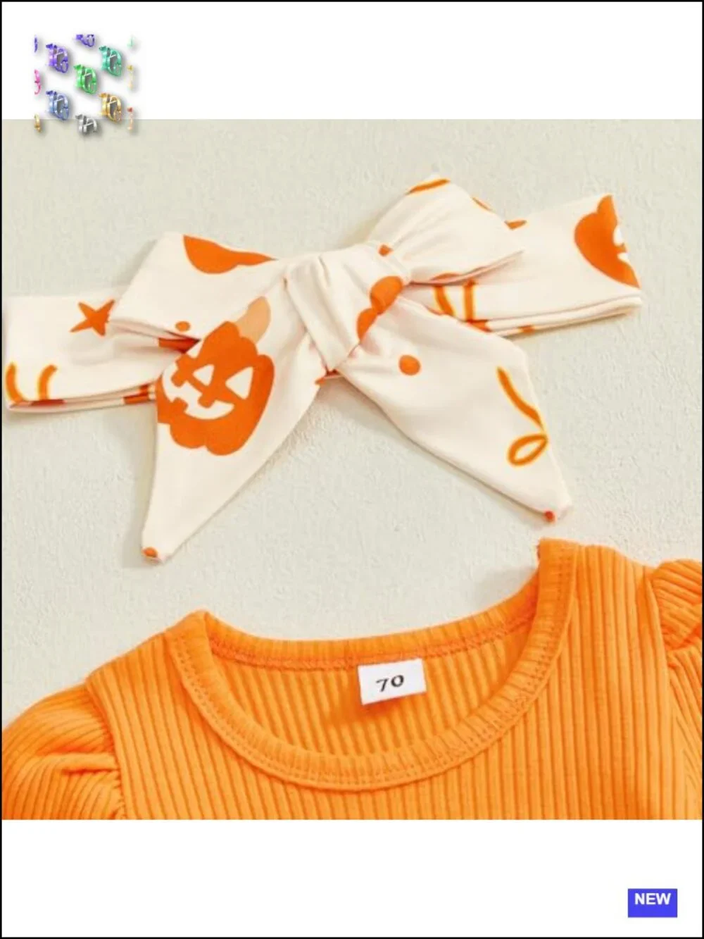 Cotton Blend Baby Girl Halloween Pumpkin Romper Set with Bell Bottoms and